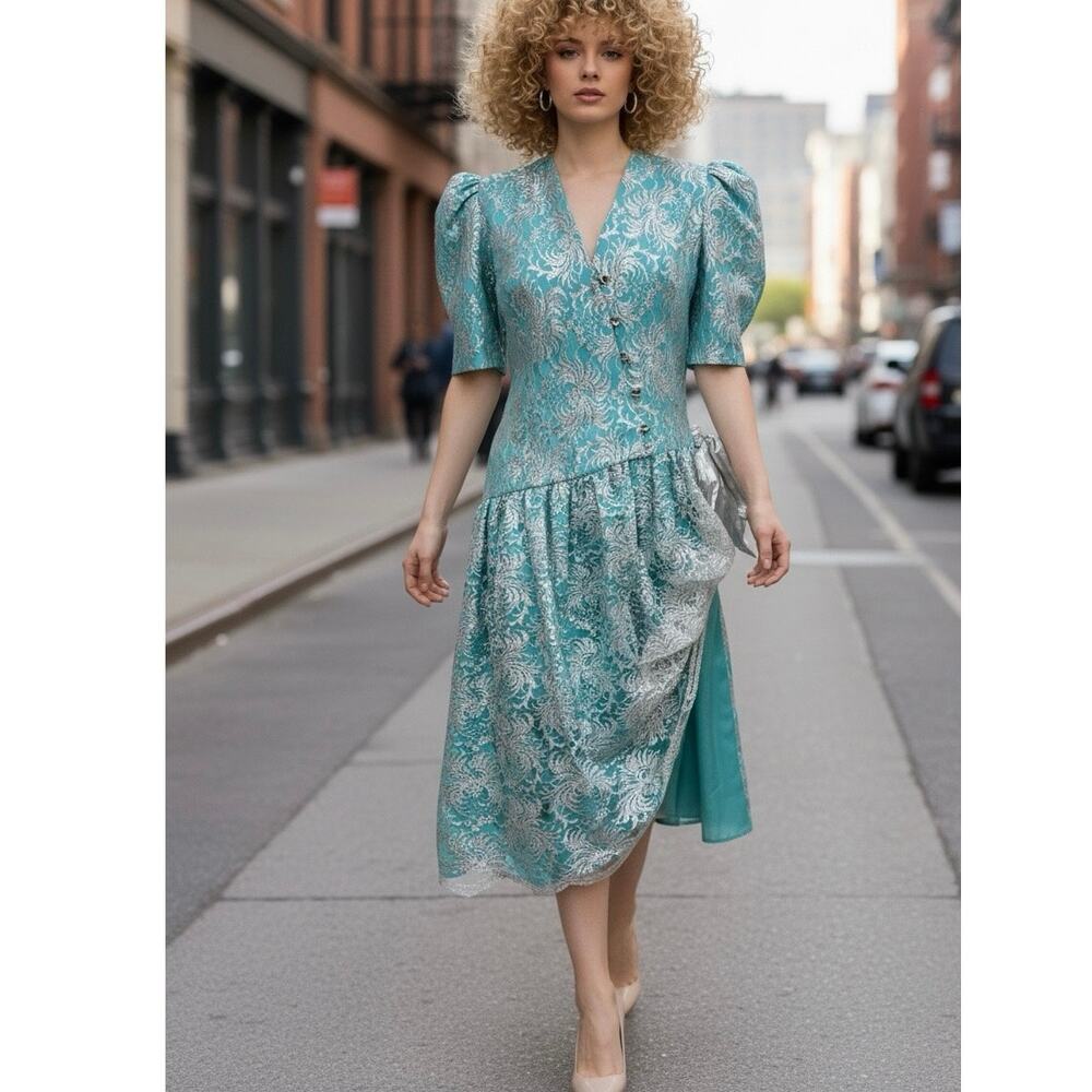 Halston III Vintage 80s Teal Green and Silver Taffeta Dress Lined Size 8